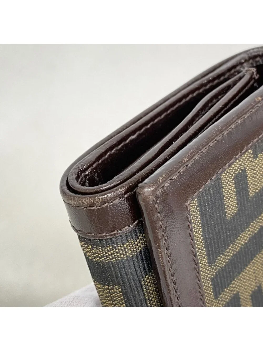 Fendi Trifold Wallet Zucca Nylon Canvas Brown Silver